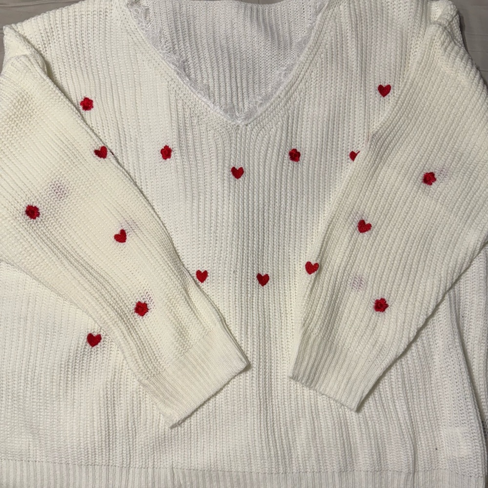 Cozy White and Red Crew Neck Sweater with Decorative Accents